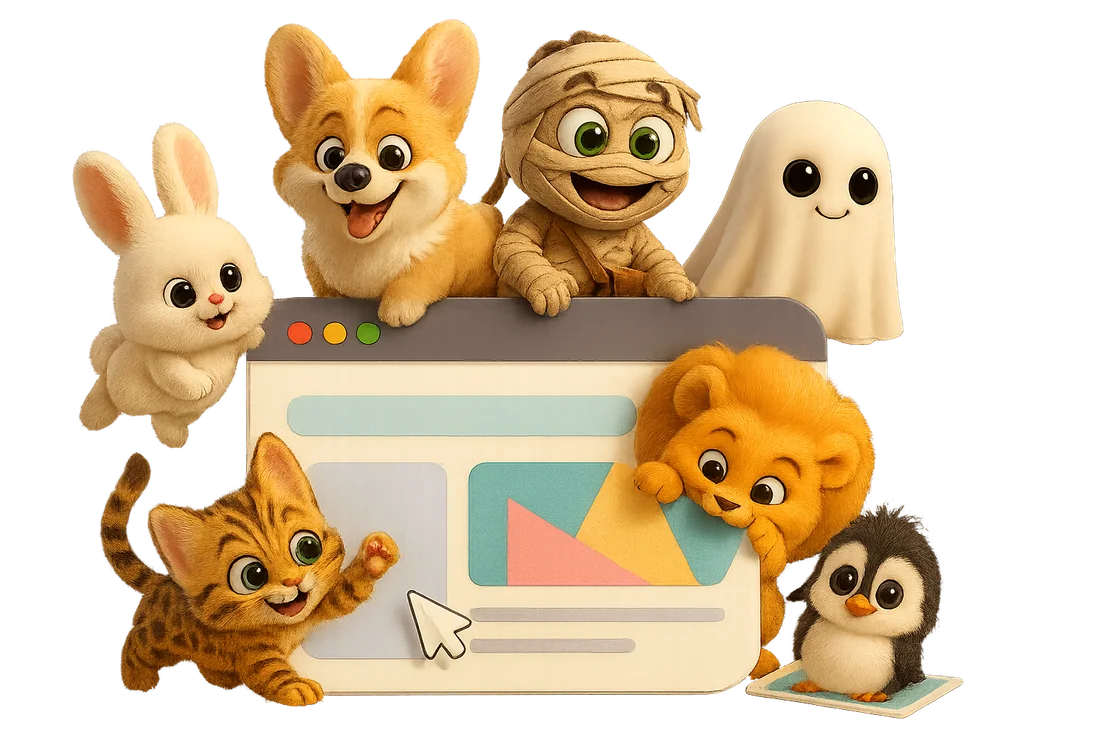 Squishpets characters playing on a giant web browser window: a corgi, a bunny, a mummy, a ghost, a Bengal kitten, a lion cub and a penguin